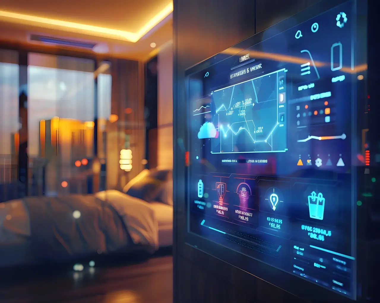 Hotel guest room with a wall-mounted smart room control panel