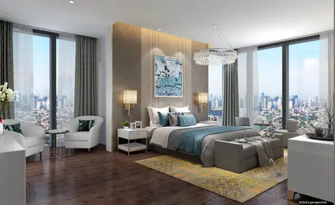 Artist’s perspective of a Grand Hyatt Residences bedroom with floor-to-ceiling city views