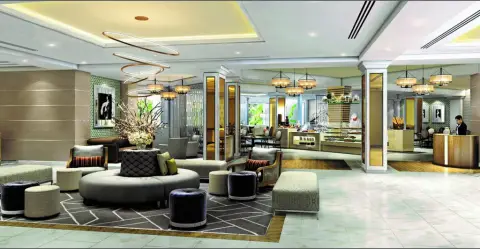 Rendering of the lobby lounge for the Quest Hotel Clark expansion