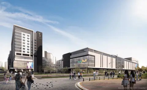 Architectural rendering of Seda Hotel and the adjoining mall streetscape at Arca South, Taguig